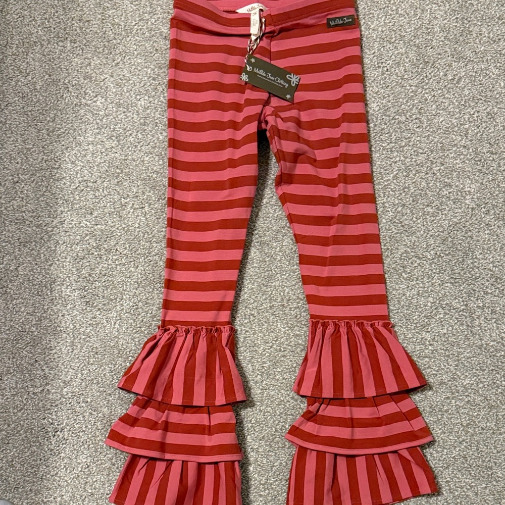 Matilda Jane Red and Dark Pink Striped Ruffle Hem Leggings